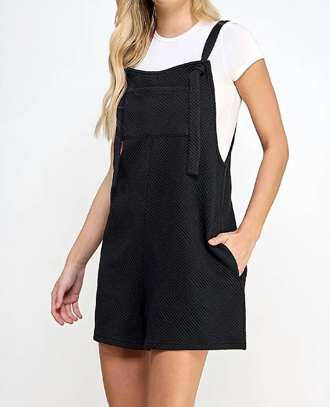 Textured Short Overalls In Black Vintage-Inspired Women's Apparel