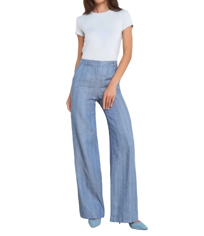 Livvy Straight Leg Trouser In Slate Blue Pinstripe Trendy Casual Outfits