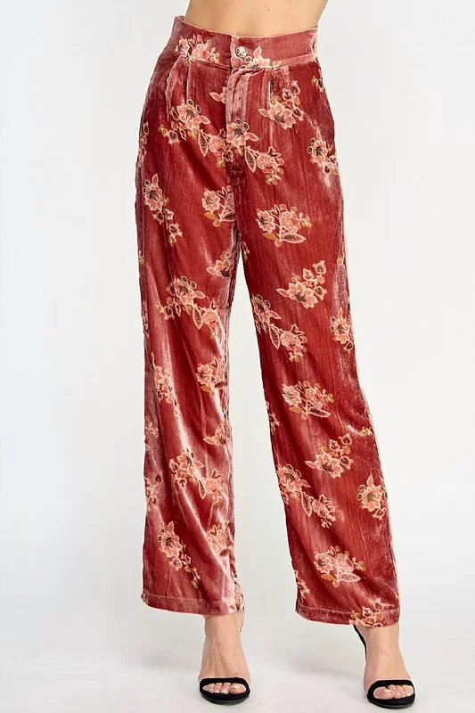 Women's Floral Velvet Trousers In Red Women's Clothes