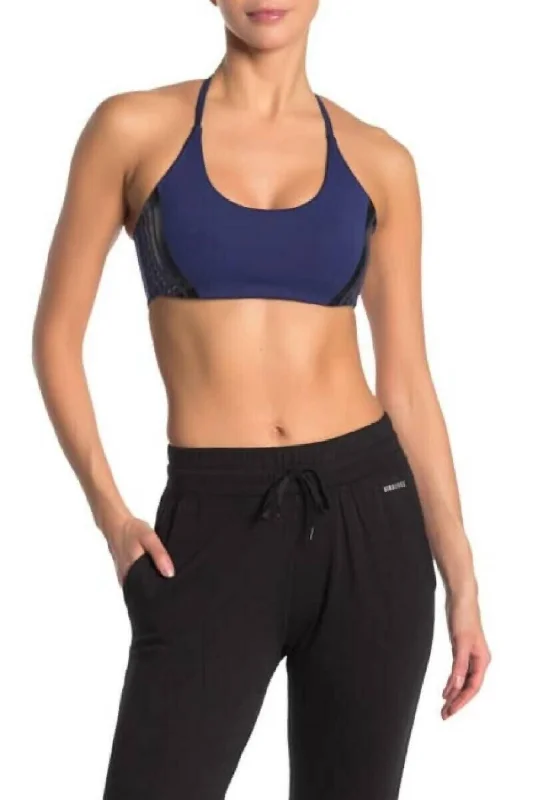 Strappy Sports Bra In Navy Blue Black Stripes Chic Women's Attire